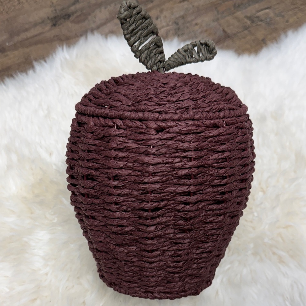 Handcrafted burgundy Braided Apple storage basket with lid